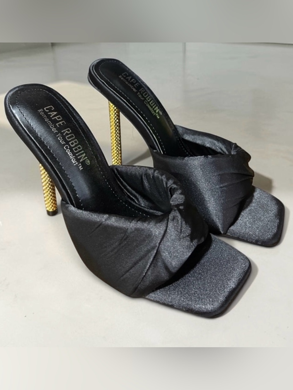 Cape Robbin Quin Black Stiletto Heels NIB Satin Twist Knot Mule Gold Heel